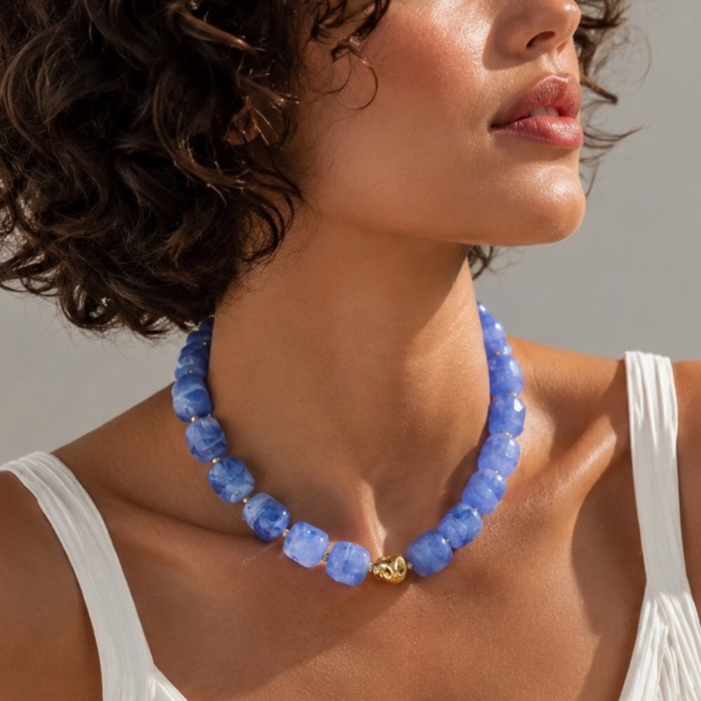 Blue Agate Periwinkle Beaded Necklace|Bold Summer Beaded Choker new